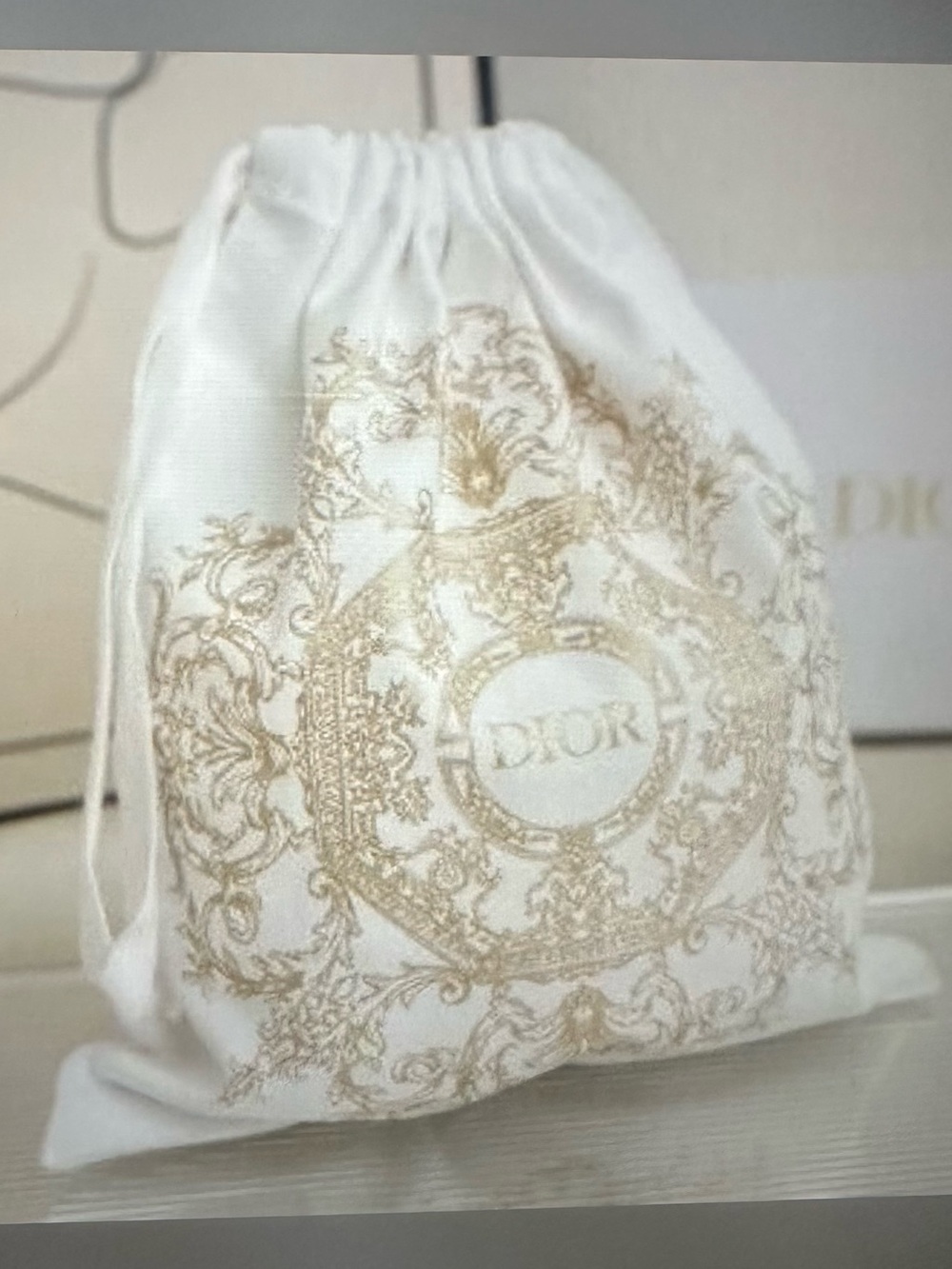 Dior White Drawstring Pouch with Gold Baroque Embroidery